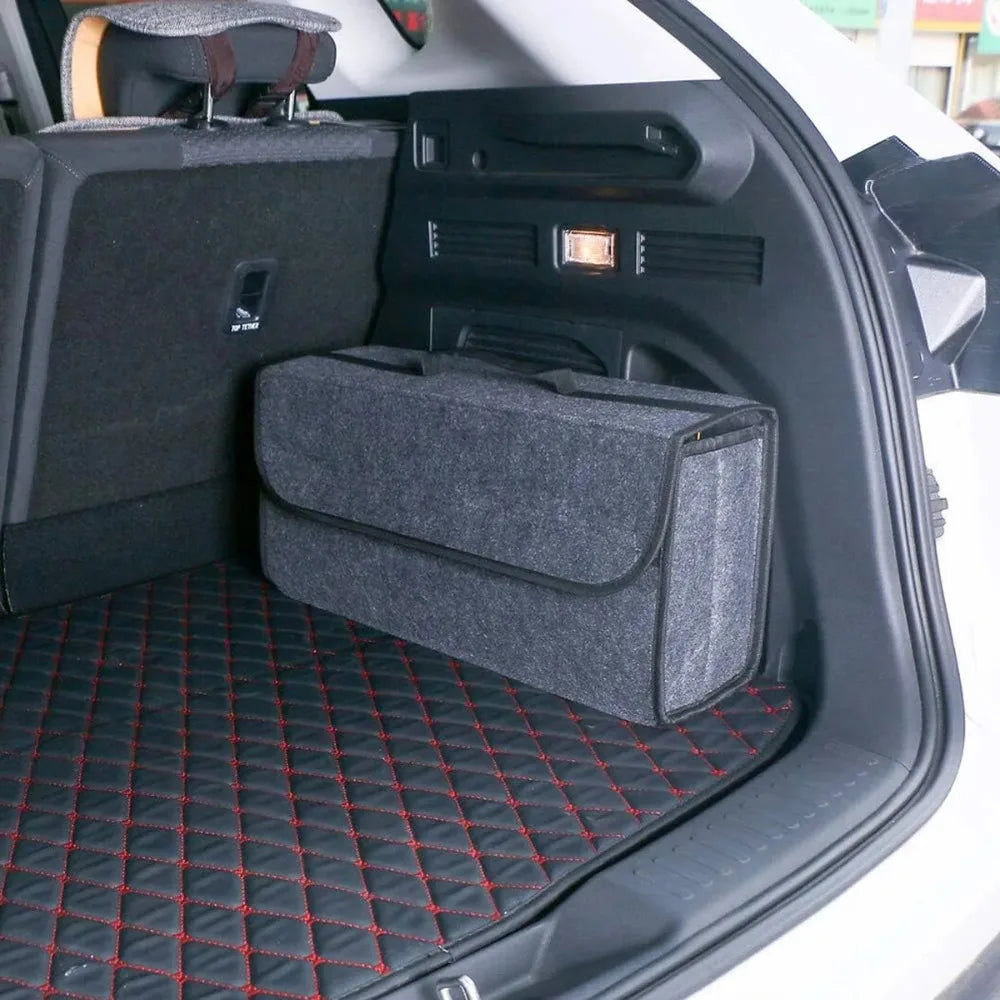 Foldable felt storage box in a car trunk