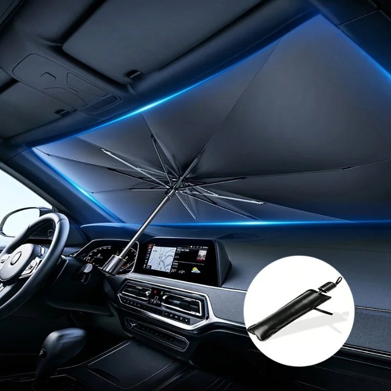 Umbrella-style sun shade open across a car windshield