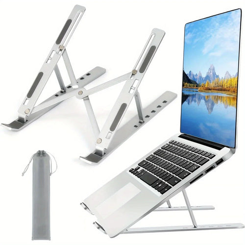 Adjustable aluminum laptop stand on a desk