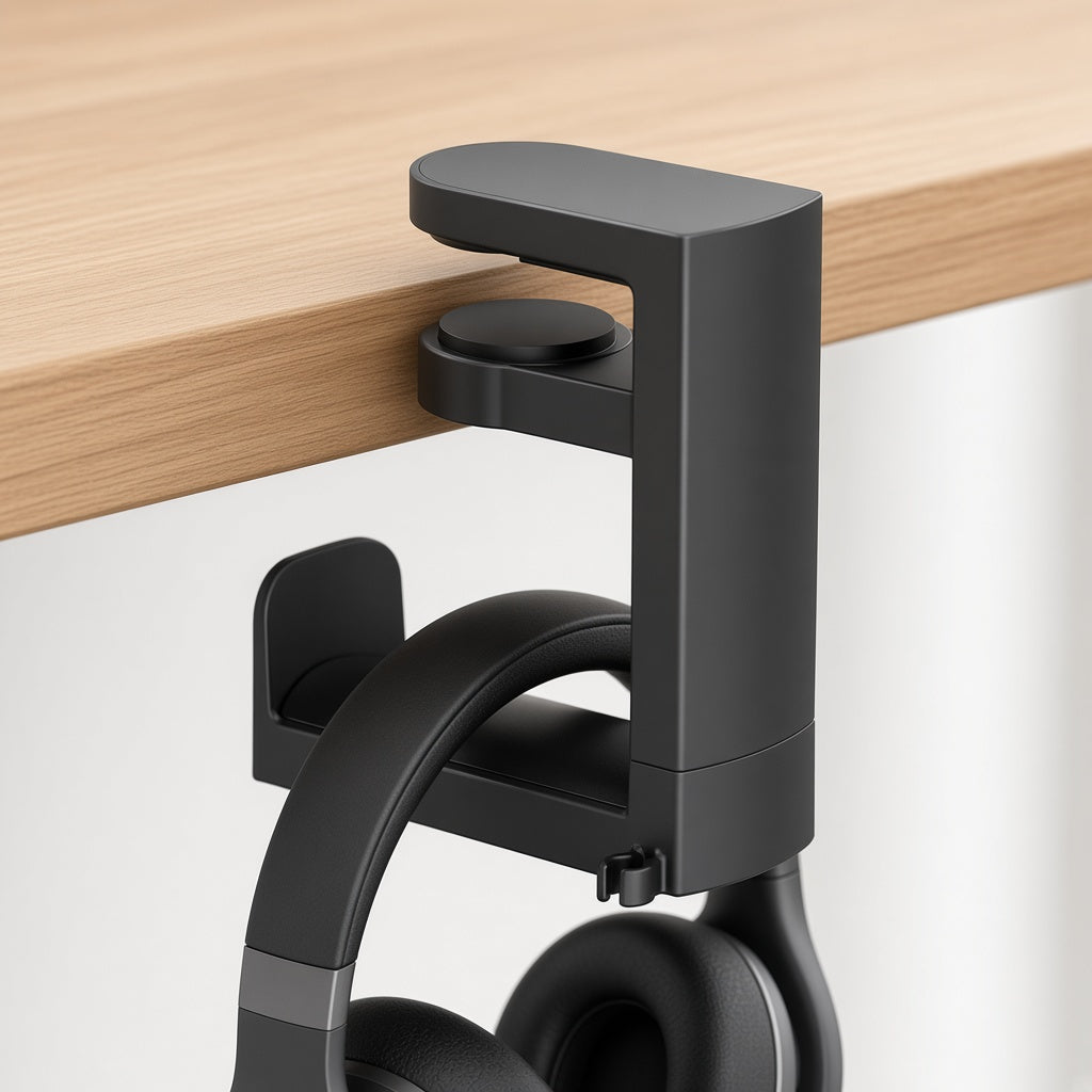Headphone holder clamped under a desk holding headphones