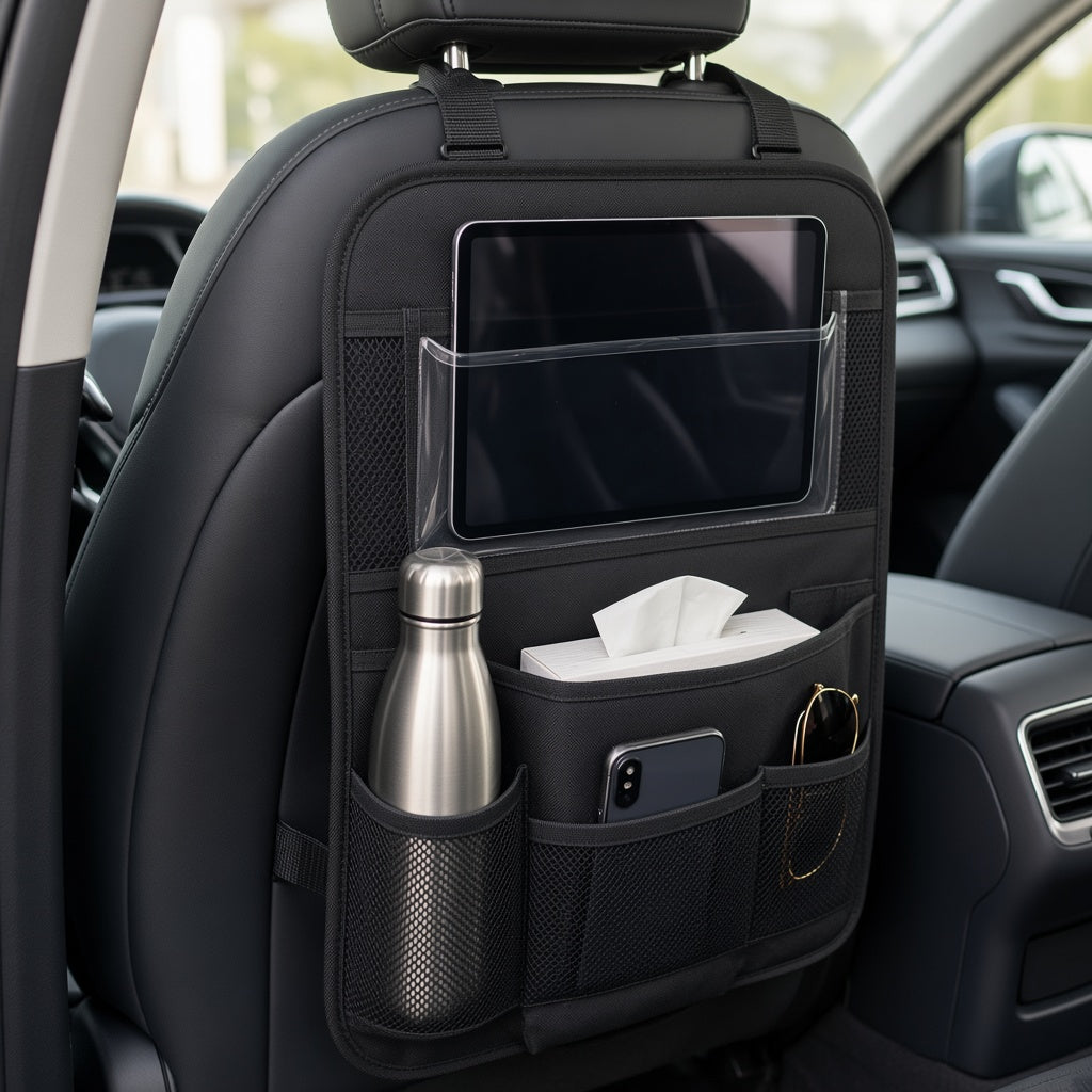 Seat back organizer installed in a car