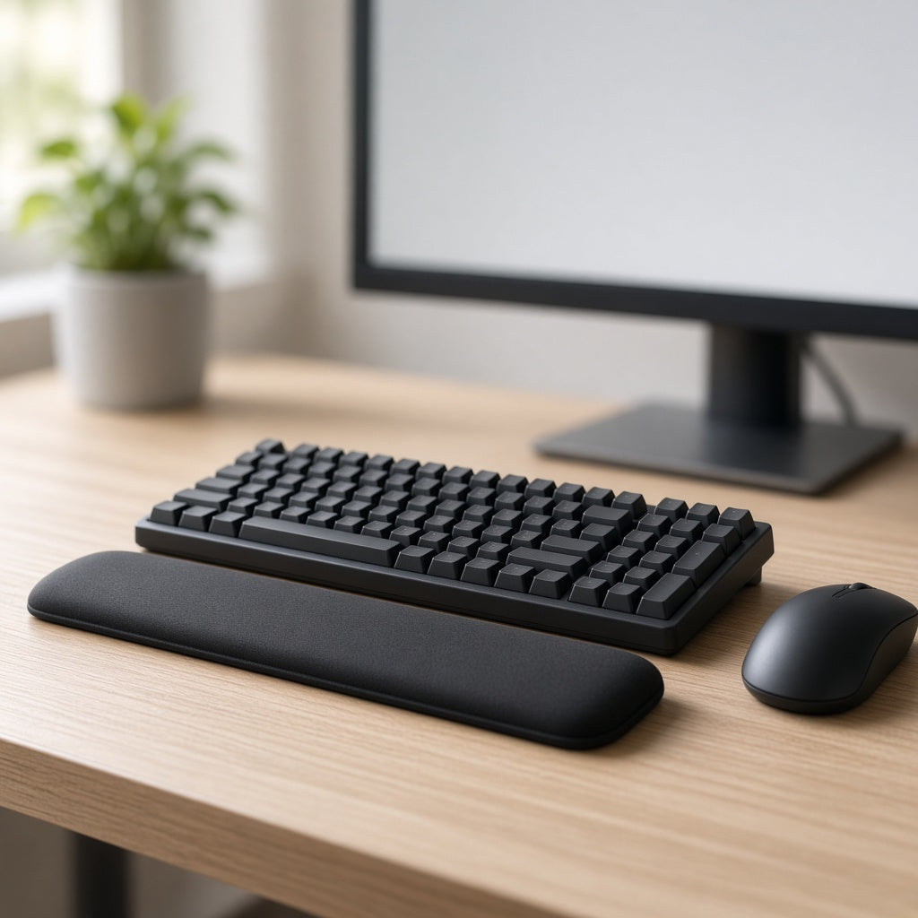 Wrist rest in front of a keyboard on a desk